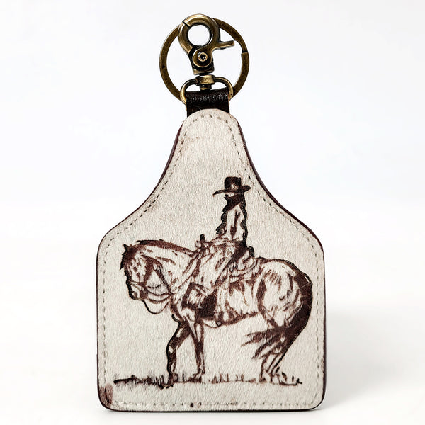 ADKRM142 Cowboy & Horse Cowhide Leather Keyring Hand-Tooled Western Silhouette