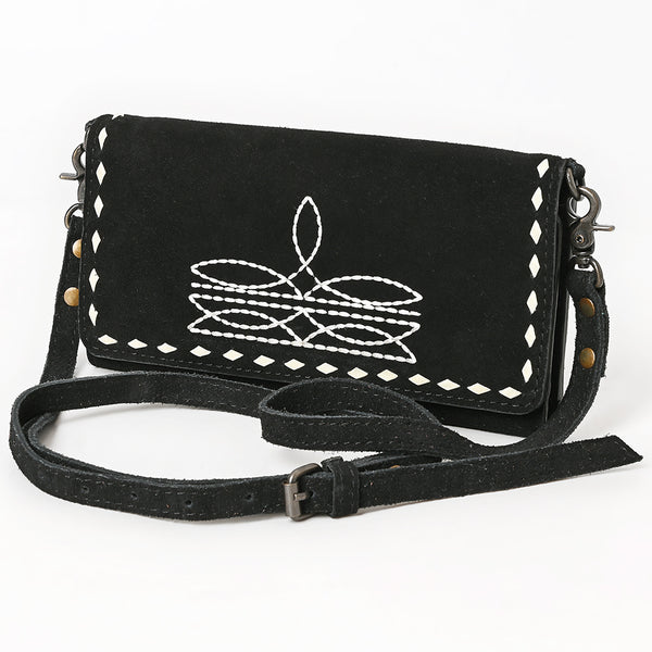 ADBG1712 American Darling Black Genuine Suede Wallet Bag | Boot Stitched Crossbody Purse