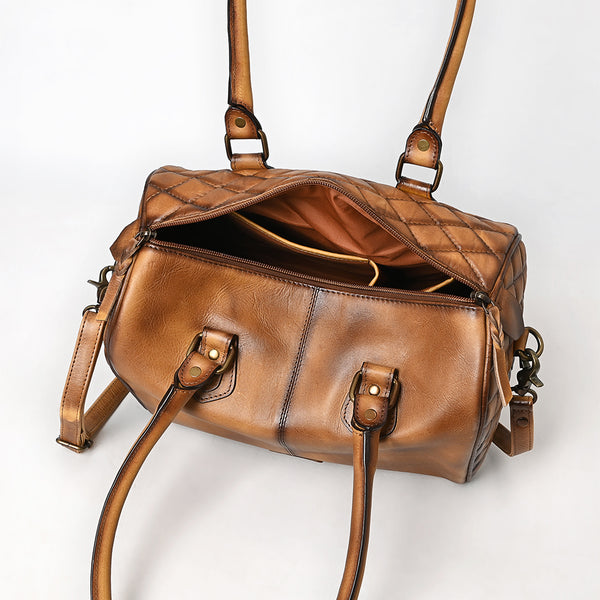 ADBGM596 Quilted Chestnut Brown Genuine Leather Barrel Duffel bag with Dual Handles & Strap