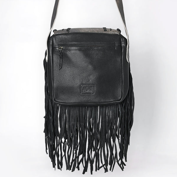 ADBGM600 Black Fringe Western Crossbody Bag with Braided Trim and Concho Accent - Genuine Leather