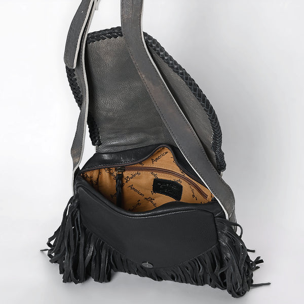 ADBGM600 Black Fringe Western Crossbody Bag with Braided Trim and Concho Accent - Genuine Leather