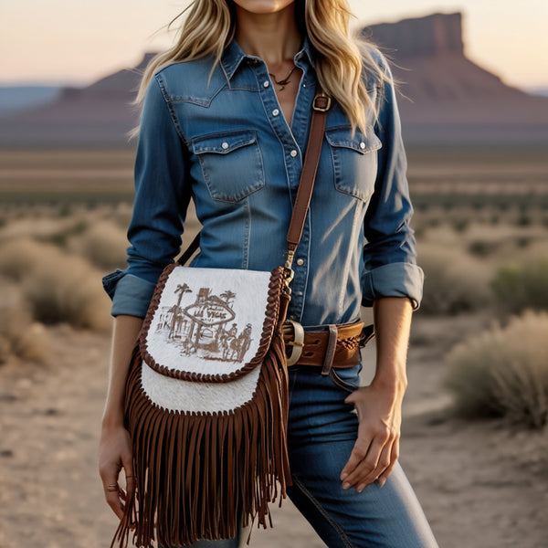 ADBGM602 Las Vegas Cowboy Scene Hair-On Hide Fringe Crossbody Bag - Western Leather Purse