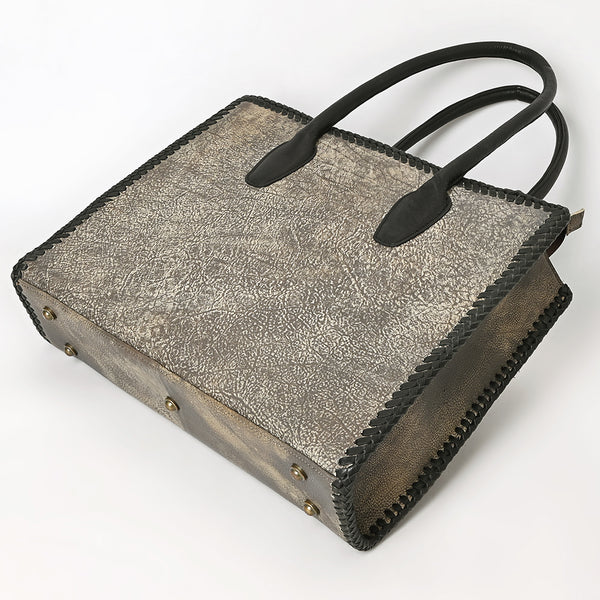 ADBGM604 Distressed Silver Metallic Leather Western Tote Bag with Black Braided Trim