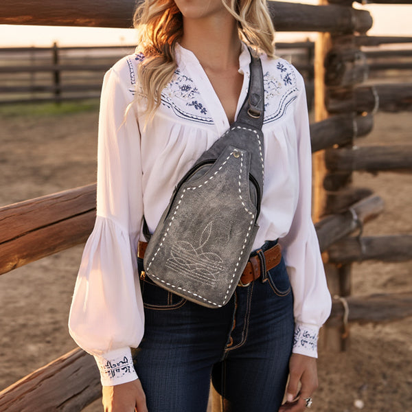 ADBGM605 Genuine Leather Western Sling Bag with White Stitching & Crossbody Strap