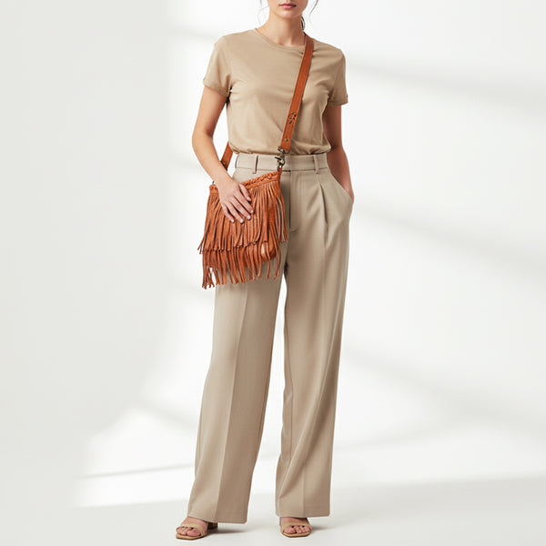 ADBGM482 Leather Fringe Crossbody Bag - Western Braided Top with Studded Strap