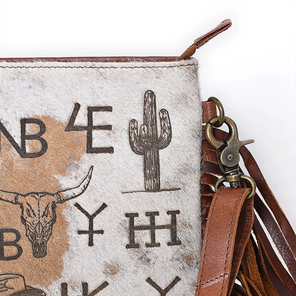 ADBGM616 Crossbody Bag - Western Hair-On Leather Fringe Bag with Ranch Brand & Rodeo Motif