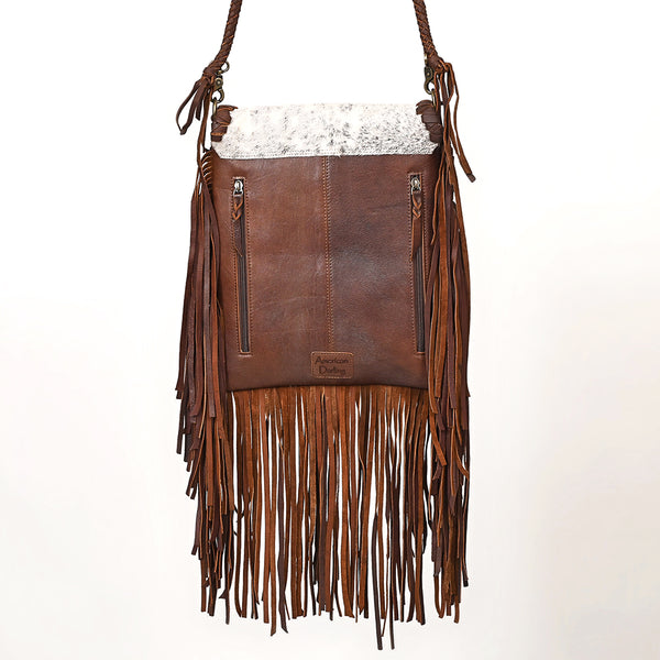 ADBGM620 Western Messenger Bag - Hair-On Leather Fringe Bag with Cowboy Desert Scene & Whipstitch Detail