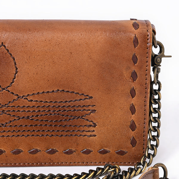 ADBGM169AM Hand-Stitched Tan Leather Crossbody Purse with Chain Strap