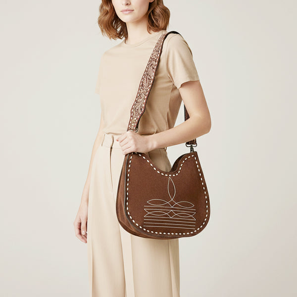 ADBG1720 American Darling Genuine Suede Hobo Bag | Boot Stitched Tooled Leather Strap