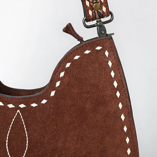 ADBG1720 American Darling Genuine Suede Hobo Bag | Boot Stitched Tooled Leather Strap