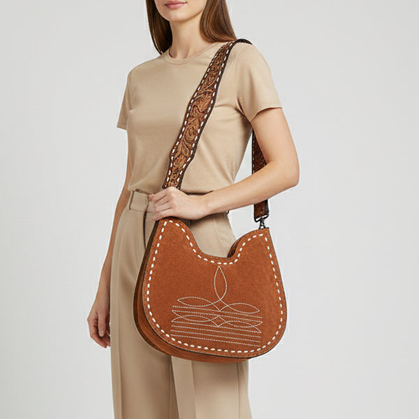 ADBG1720 American Darling Genuine Suede Hobo Bag | Boot Stitched Tooled Leather Strap