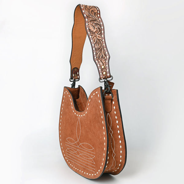 ADBG1720 American Darling Genuine Suede Hobo Bag | Boot Stitched Tooled Leather Strap