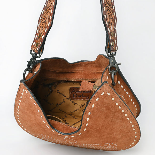 ADBG1720 American Darling Genuine Suede Hobo Bag | Boot Stitched Tooled Leather Strap