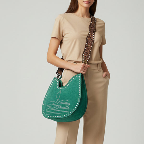 ADBG1720 American Darling Genuine Suede Hobo Bag | Boot Stitched Tooled Leather Strap