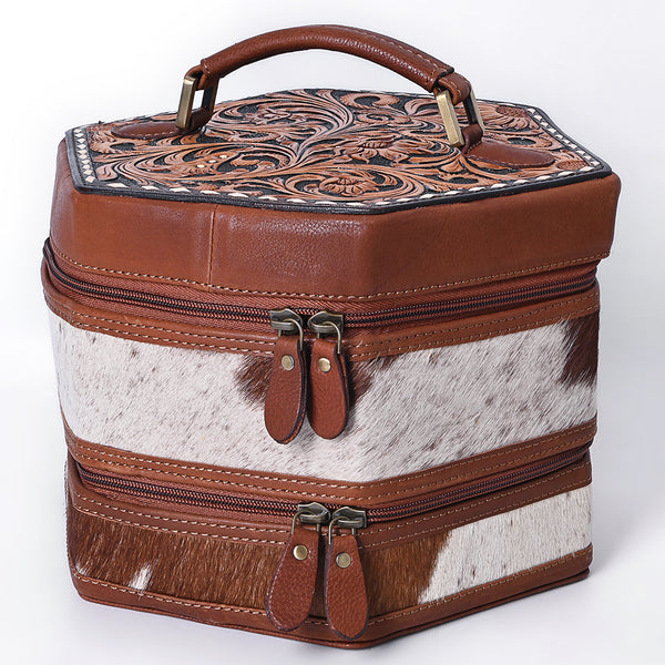ADBGA781 Hexagon Tooled Leather & Cowhide Western Travel Case - Dual Zippers with Handle