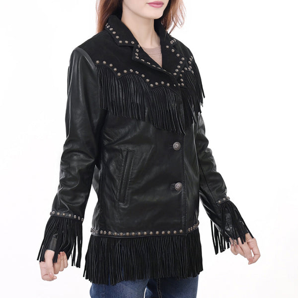 ADJKT048 Women's Black Leather Fringe Western Jacket with Stud Accents