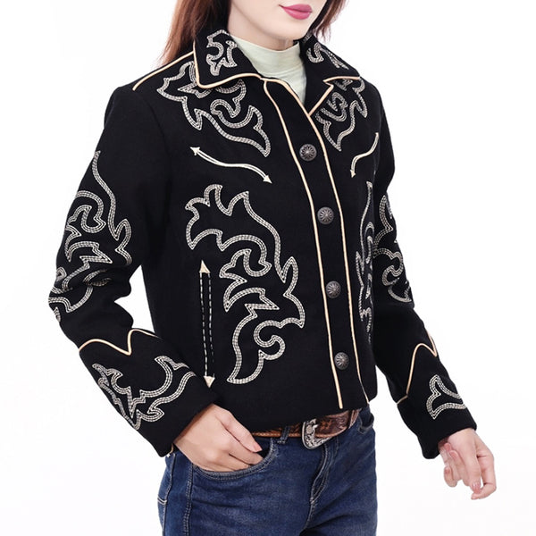 ADJKT064 Women Western Style Woolen Jacket with Embroidered Detailing