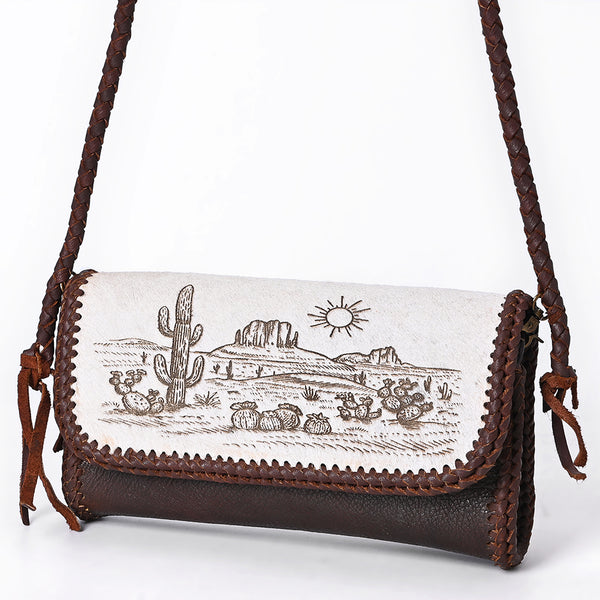 ADBGM632 Western Crossbody Bag - Hair-On Leather with Desert Scene Print & Braided Crossbody Strap