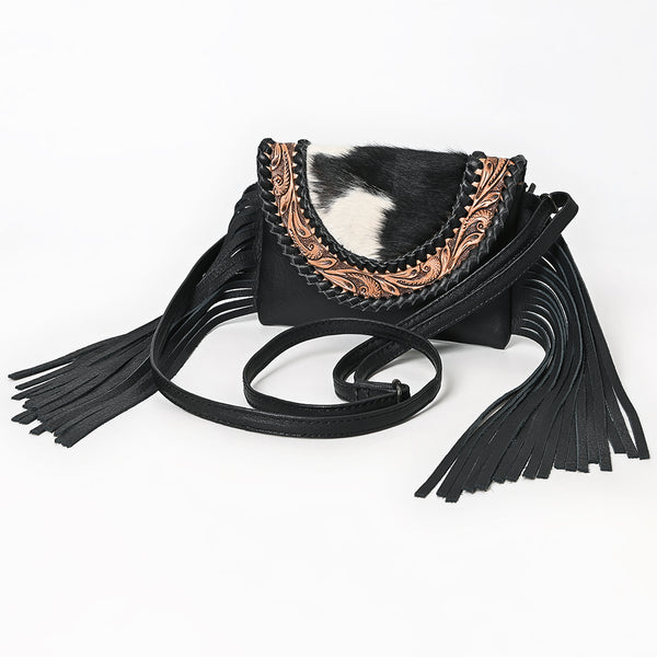 ADBG1726 American Darling Small Cross body Bag Hand Tooled Floral with Hair-On Cowhide and Fringes
