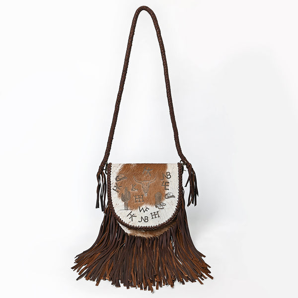 ADBGM669 Western Fringe Crossbody - Hair-On Leather with Cowboy Print & Braided Strap