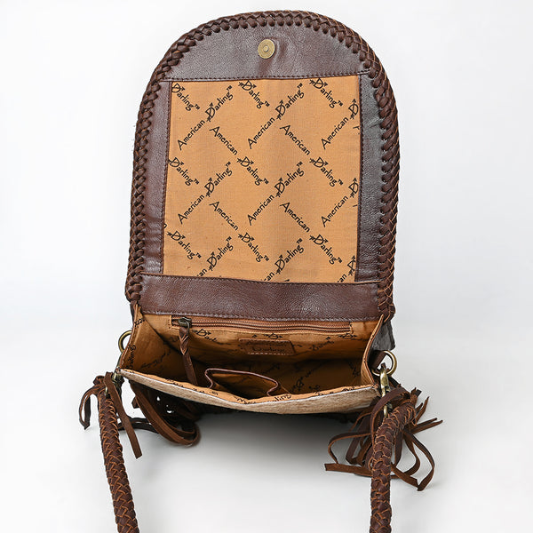 ADBGM669 Western Fringe Crossbody - Hair-On Leather with Cowboy Print & Braided Strap