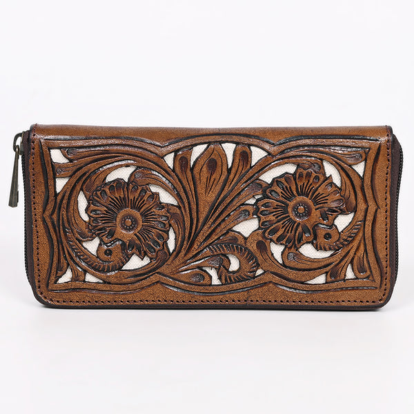 ADBGZ810 Hand-Tooled Leather Wallet - Western Floral Zip Wallet with Inlay
