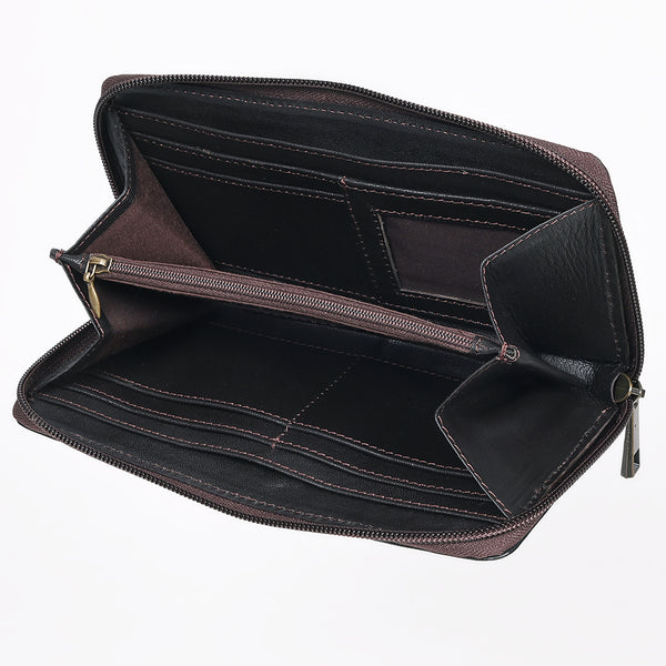 ADBGZ810 Hand-Tooled Leather Wallet - Western Floral Zip Wallet with Inlay