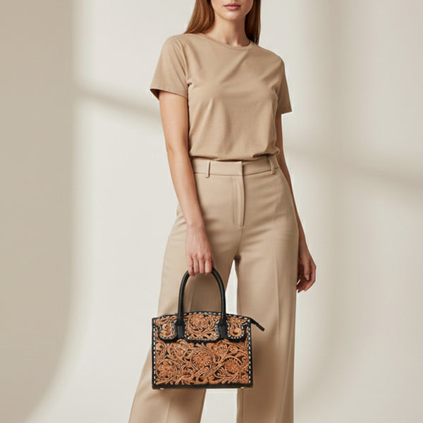 ADBG1733 American Darling Western Leather Tote Bag with Hand Tooled Floral Carving & Buck Stitched Detail