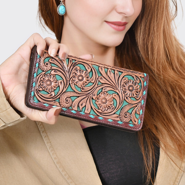 ADBG1741 American Darling Western Wallet Bag - Hand Tooled Floral Carved Leather with Buck Stitching