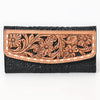 ADBG1745 Tooled Leather Floral Wallet Black Croc Embossed Base with Tan Hand-Carved Overlay