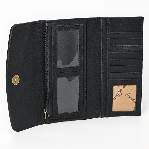 ADBG1745 Tooled Leather Floral Wallet Black Croc Embossed Base with Tan Hand-Carved Overlay
