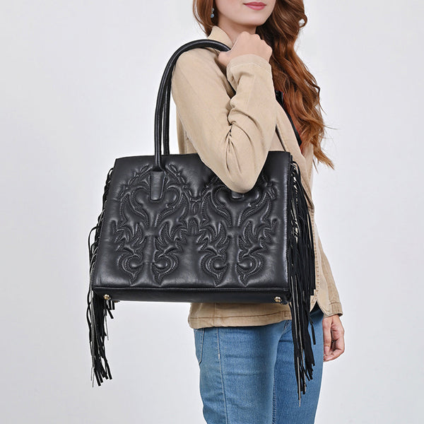ADBGA801 Genuine Leather Western Embossed Boho Fringe Shoulder Tote Handbag