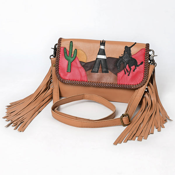 ADBGM720 Western Applique Fringe Clutch - Multicolor Desert Scene Crossbody Bag with Teepee & Cowboy Design