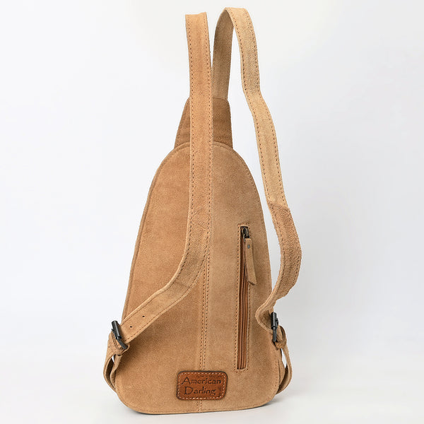 ADBG1573 American Darling Genuine Suede Leather Sling Bag with Hand Tooled Floral Front & Buck Stitch Details