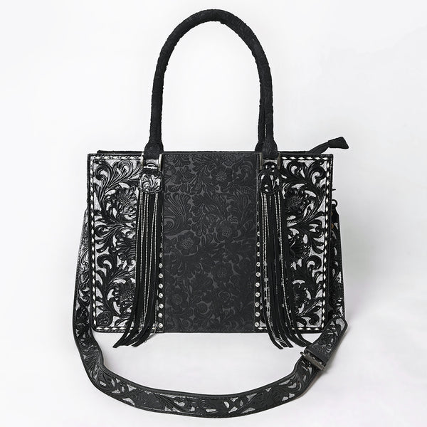ADBG1753 American Darling Hand Tooled Floral Leather Tote Bag with Damascus Accents and Fringes