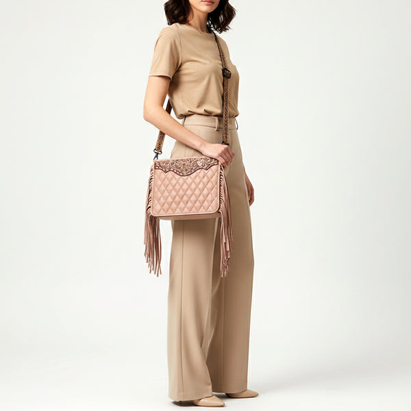 ADBG1664 American Darling Quilted Genuine Leather Crossbody Bag with Hand-Tooled Details and Fringes