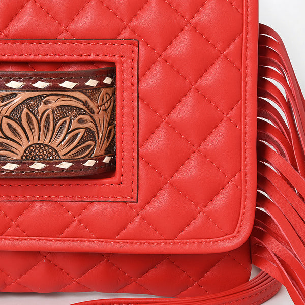 ADBG1665 American Darling Quilted Genuine Leather Crossbody Bag with Fringe and Hand-Tooled Panel