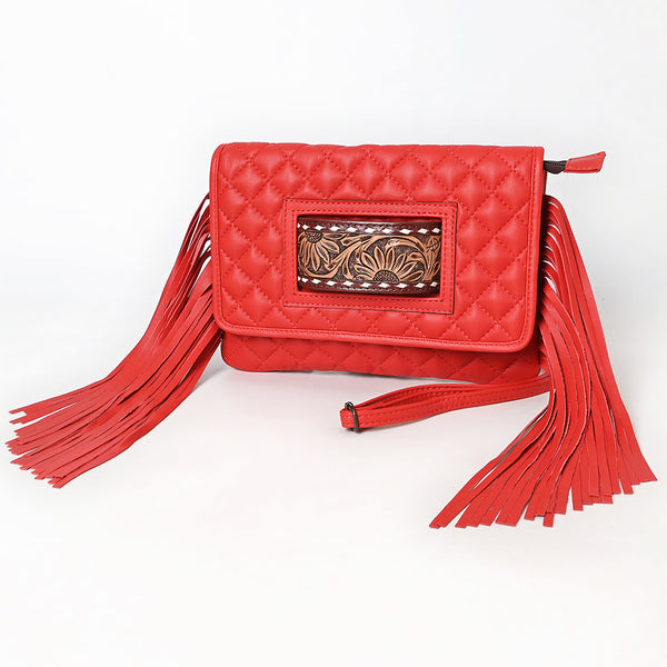 ADBG1665 American Darling Quilted Genuine Leather Crossbody Bag with Fringe and Hand-Tooled Panel