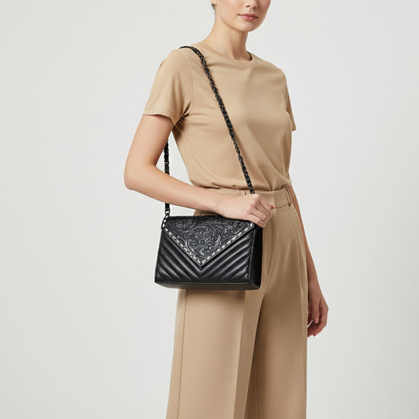 ADBG1767 American Darling Western Hand-Tooled Floral Envelop Bag - Quilted Leather Crossbody