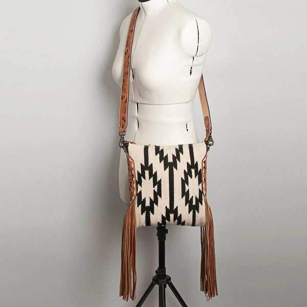 ADBG891 American Darling Hand-Woven Saddle Blanket Large Cross body Bag | Tooled Leather Fringed Purse