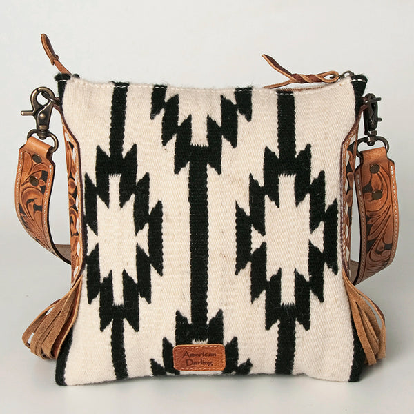 ADBG891 American Darling Hand-Woven Saddle Blanket Large Cross body Bag | Tooled Leather Fringed Purse