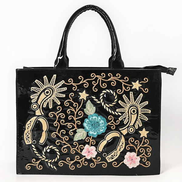 ADBGA838 Black Patent Western Tote Bag - Embroidered Floral & Spur Design with Glossy Finish