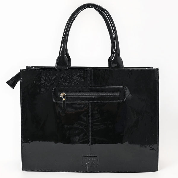ADBGA838 Black Patent Western Tote Bag - Embroidered Floral & Spur Design with Glossy Finish