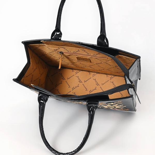 ADBGA838 Black Patent Western Tote Bag - Embroidered Floral & Spur Design with Glossy Finish