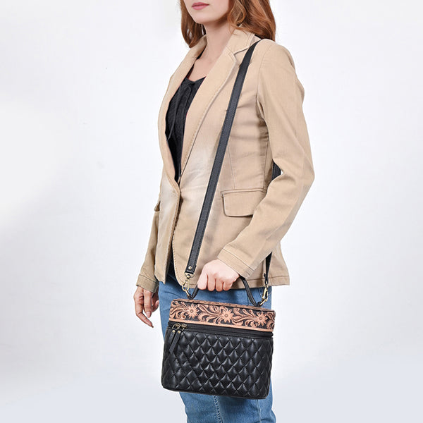 ADBGA845 American Darling Hand Tooled Floral Quilted Leather Cross body Bag
