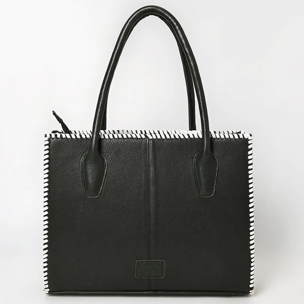 ADBGM761 Western Embroidered Tote - Black Leather Bag with White Stitching, Studs & Concho Accent