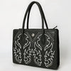 ADBGM762 Western Tote Bag - Black Leather with White Embroidery, Stud Accents & Braided Whipstitch Trim