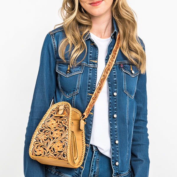 ADBGA854 American Darling Hand Tooled Floral Carved Braided Leather Bucket Bag