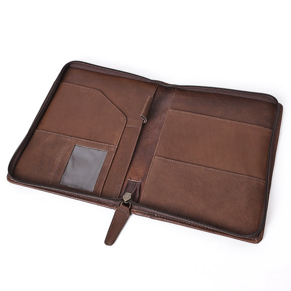ADBGM768 Hand-Tooled Leather Portfolio - Western Floral Carved Clutch in Chestnut Brown