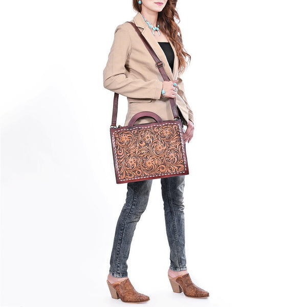 ADBG1801 American Darling Hand Tooled Floral Carved Leather Western Briefcase Bag